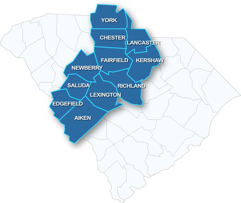 County map of SC - focus on the Midlands